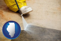illinois map icon and pressure washing a concrete surface