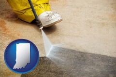 indiana map icon and pressure washing a concrete surface