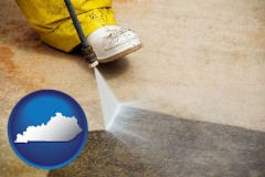 kentucky map icon and pressure washing a concrete surface