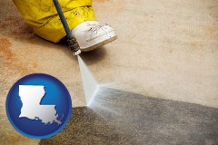 louisiana map icon and pressure washing a concrete surface