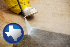 texas map icon and pressure washing a concrete surface