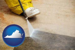 virginia map icon and pressure washing a concrete surface