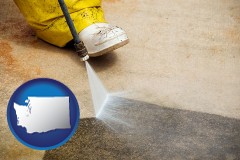 washington map icon and pressure washing a concrete surface