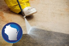wisconsin map icon and pressure washing a concrete surface