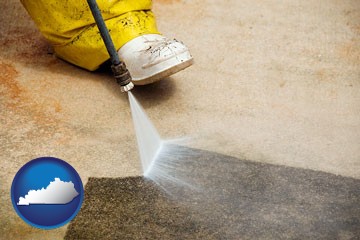 pressure washing a concrete surface - with Kentucky icon